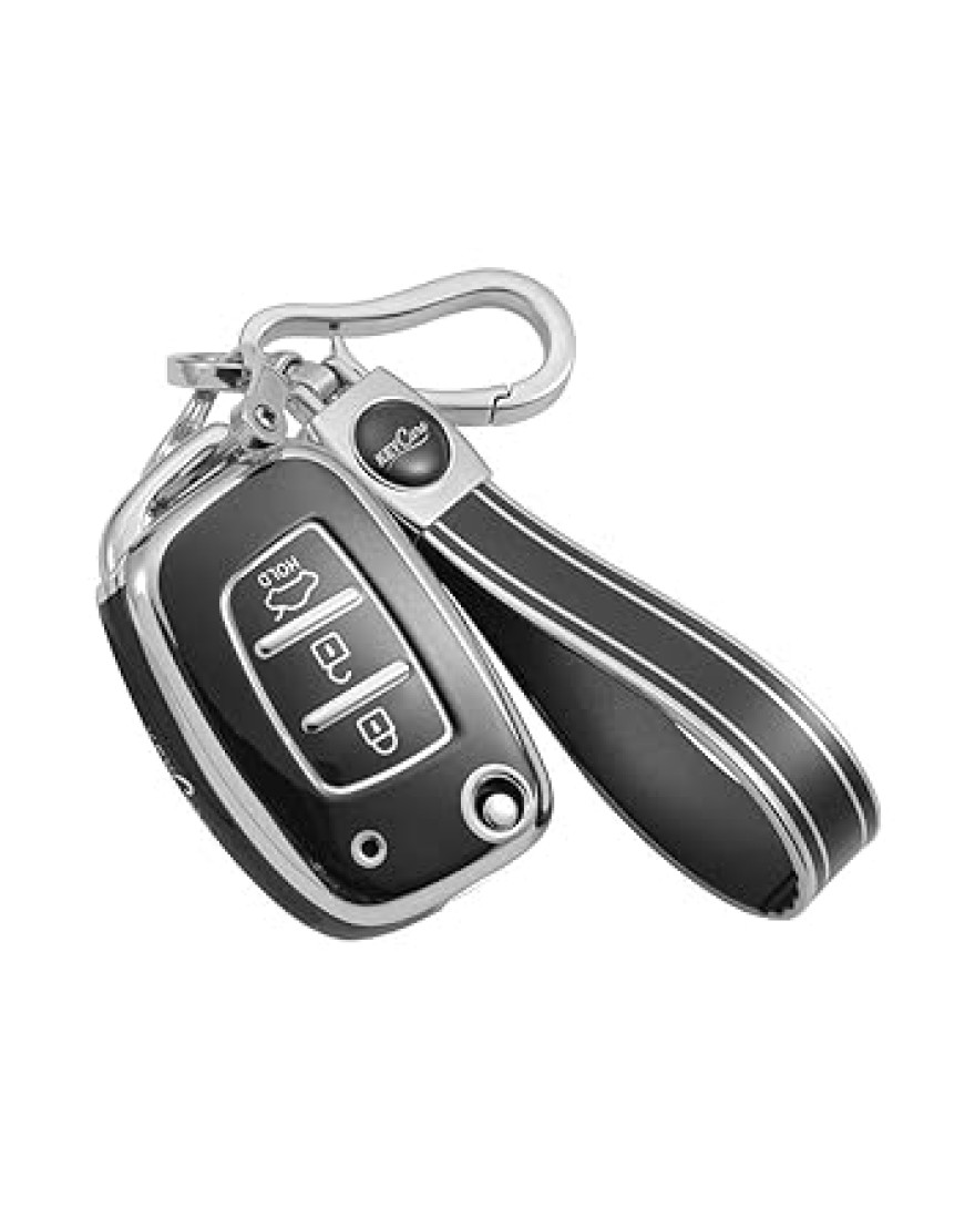 Keycare TPU Key Cover Compatible for: Creta, Grand i10, Xcent, Tucson, Elantra, Elite i20, Active i20, Aura 3 Button Smart Key | Push Button Start Models only | TP07 Silver Black